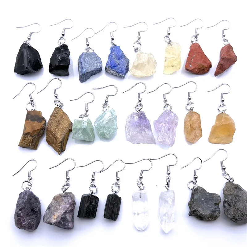 Irregular Rough Raw Ore Natural Stone Earrings Fluorite Amethysts Quartz Crystal Agates Stainless Steel Hook Earrings