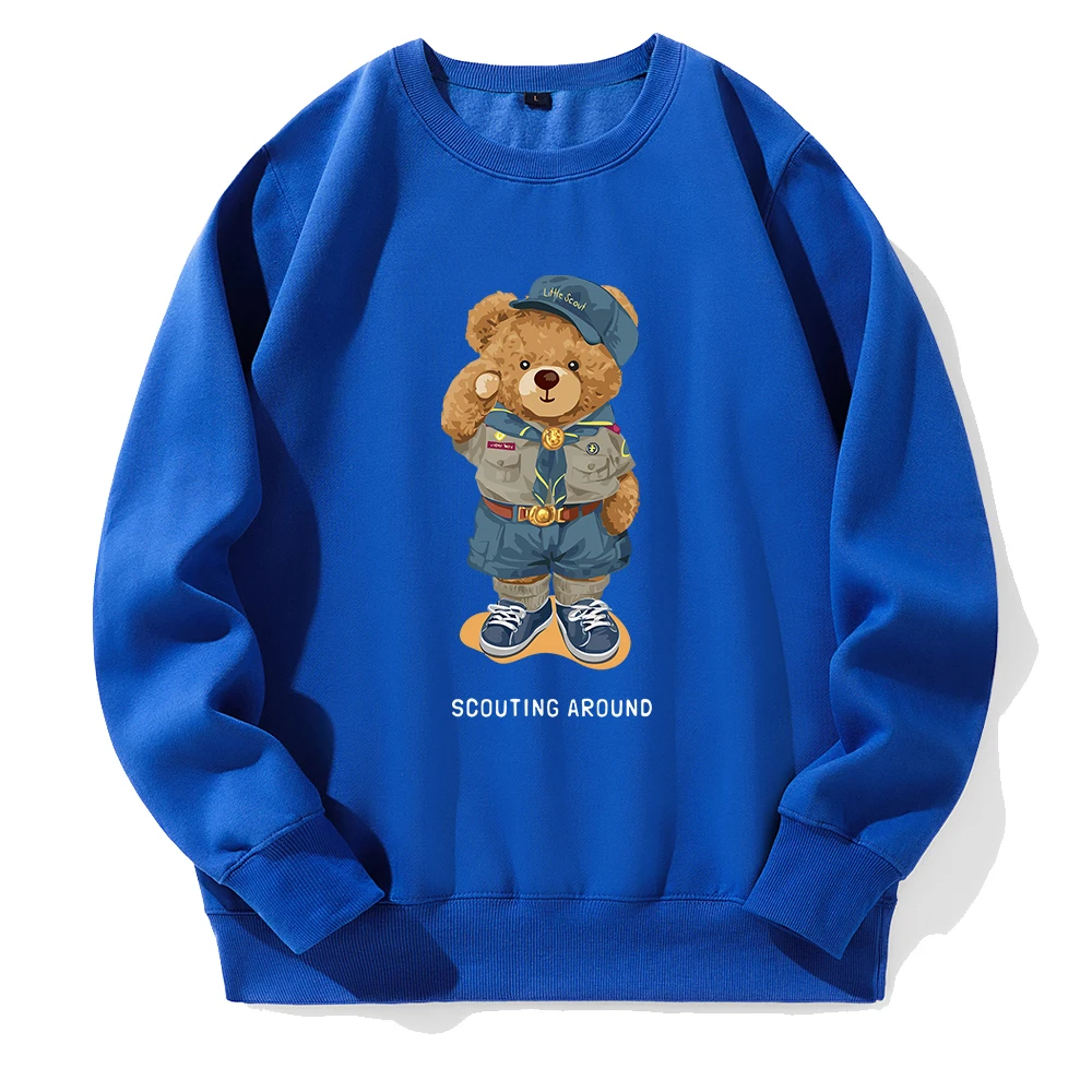 Cute Teddy Bear Salute Scoring Around Men Hoodies Crew Neck Basic Warm Hoody Loose Oversized Fleece Hoodie O-Neck Casual Clothes