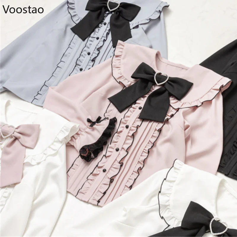 Autumn Kawaii Women Lolita Shirts Bow Hearts Buckle Blouse Y2k Japanese Elegant Puff Sleeve Sweet Tops Office Ladies JK Shirt