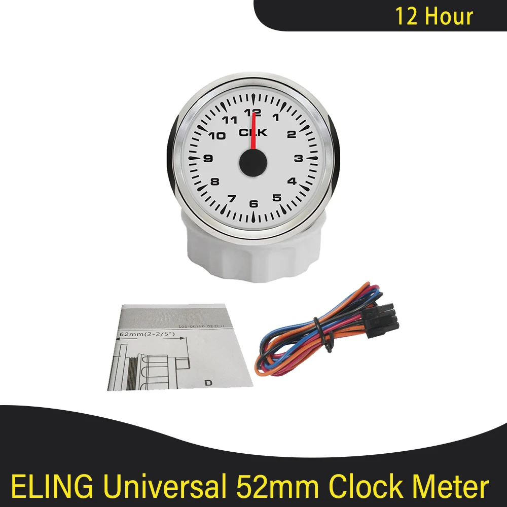 52mm (2'') Universal Clock Gauge Meter 12 Hour Format with 8 Colors Backlight 12V 24V for Car Motorcycle Boat