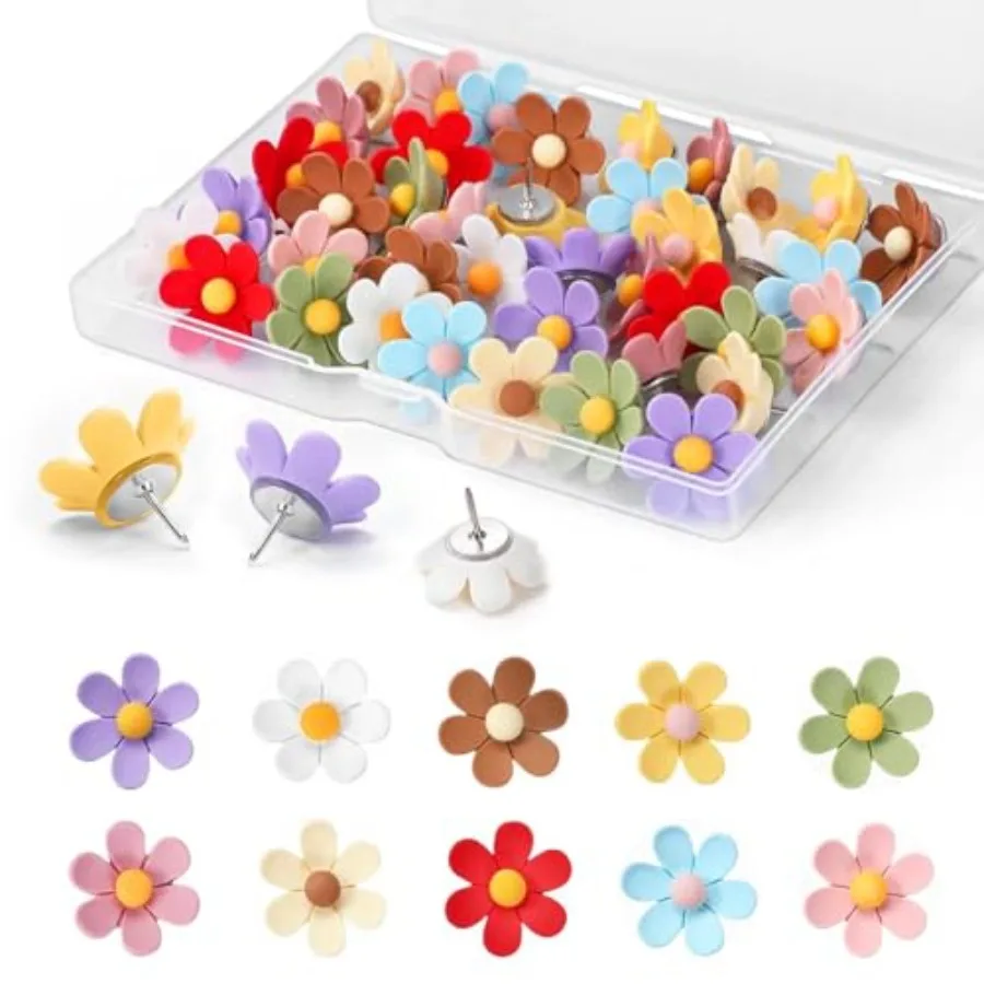 10 Color Flower Shaped Push Pins 30 Pack