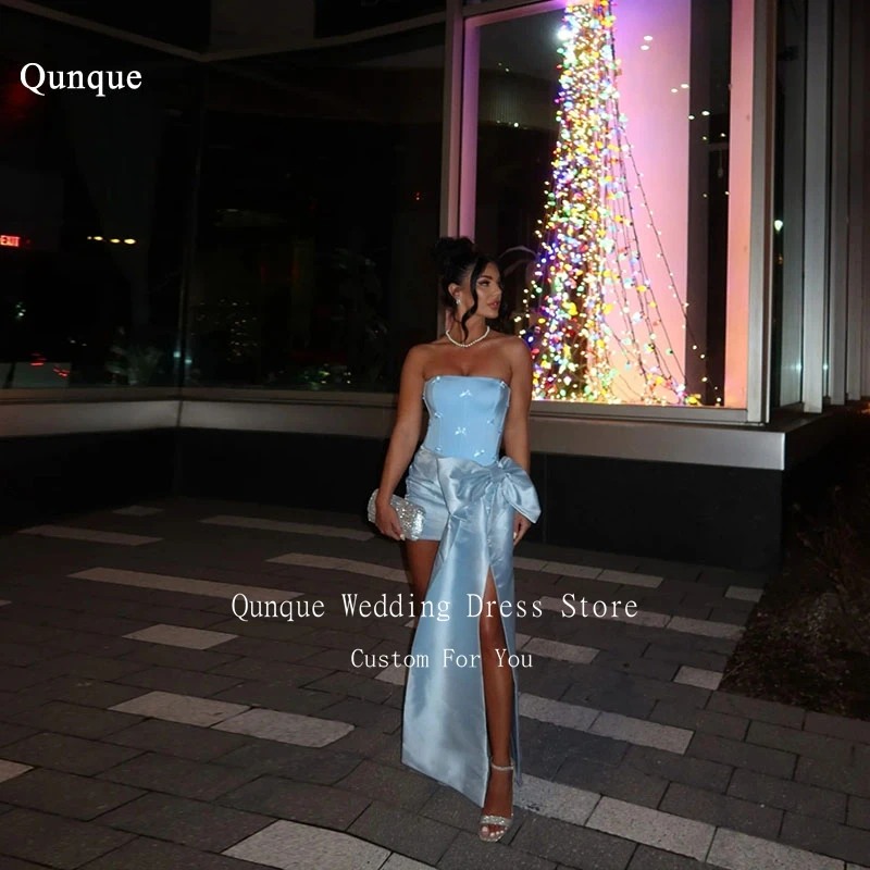 

Qunque Sexy Mini Abendkleider Prom Dress Strapless Sleeveless Sky Blue Party Dresses With Bows Short Evening Gowns Customized
