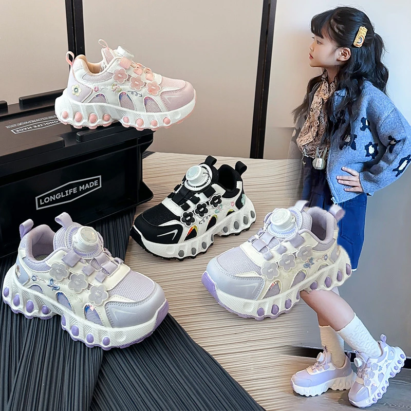 

Girls Sneakers 3-18 Years Old Four Seasons Flowers Girls Single Shoes Light Purple Lightweight Non-slip Children's Running Shoes