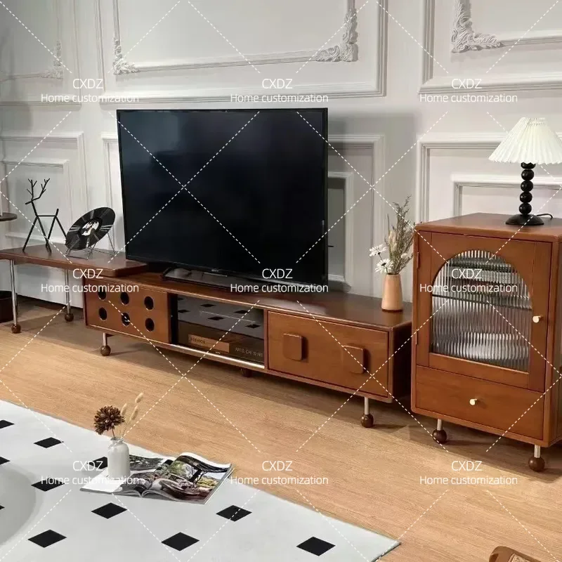 Retro French Style Telescopic TV Cabinet Solid Wood Storage Unit for Small Apartment Living Room Floor Standing Media Console