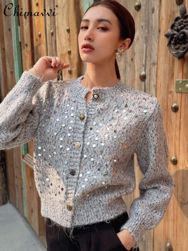 

French Elegant Temperament Knitwear Round Neck Long Sleeve Single-Breasted Versatile Casual Knitted Short Cardigan Women Autumn