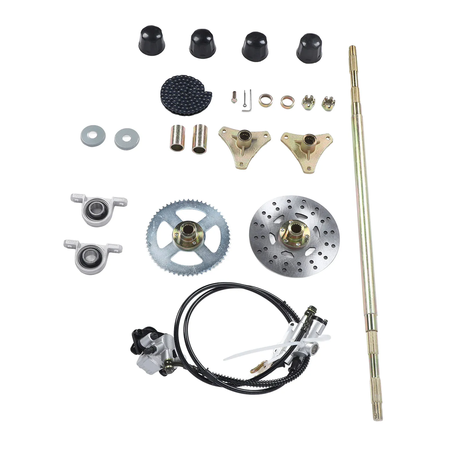 

29in Axle Length Go Kart Rear Axle Sprocket Chain Brake Disc Caliper Wheel Hubs for Atomik Motowork DHZ 50cc 70cc 90cc ATV Quads