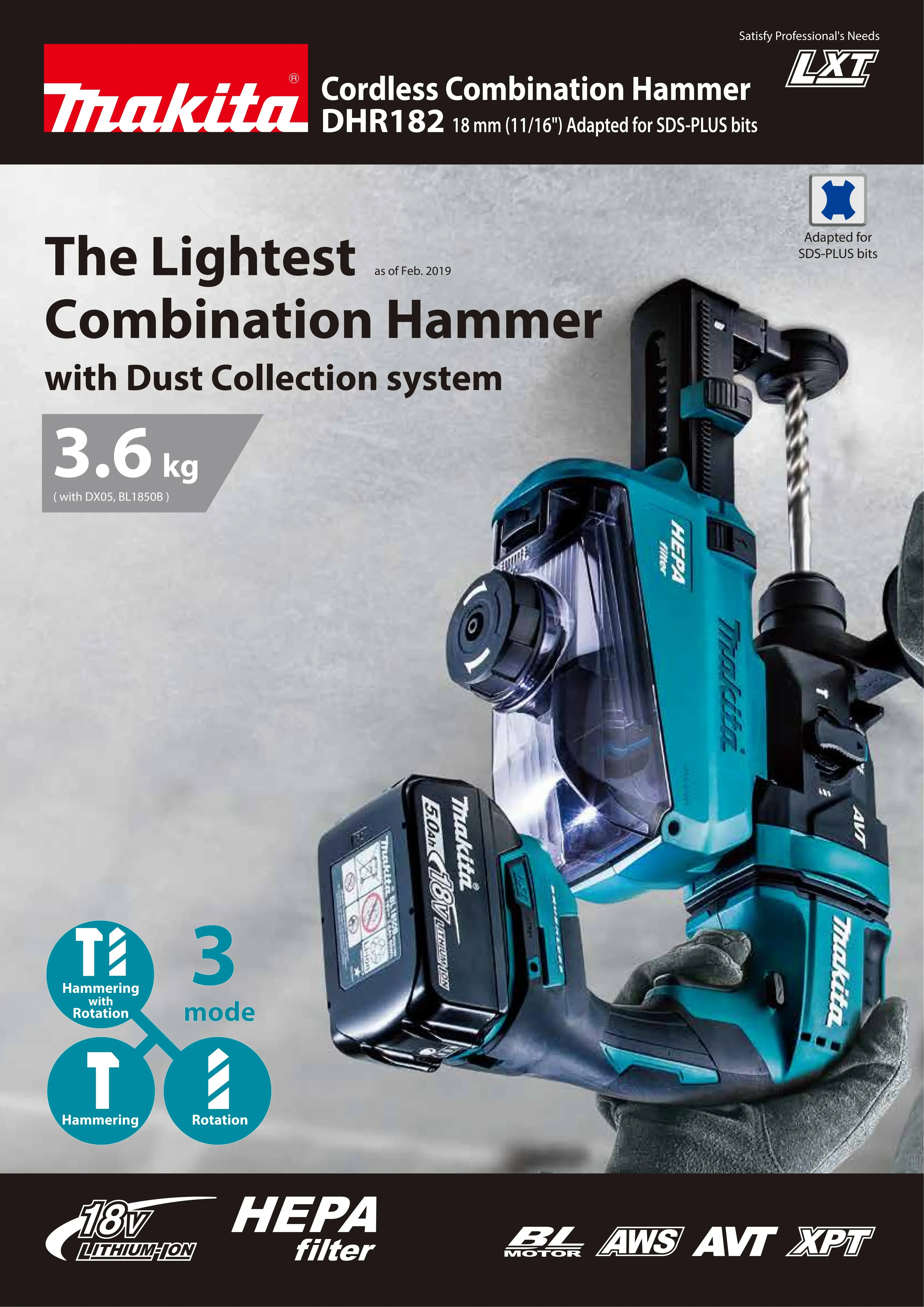 Makita DHR182Z Brushless Cordless AWS 18MM Rotary Hammer 18V Lithium Power Tools 1.7J