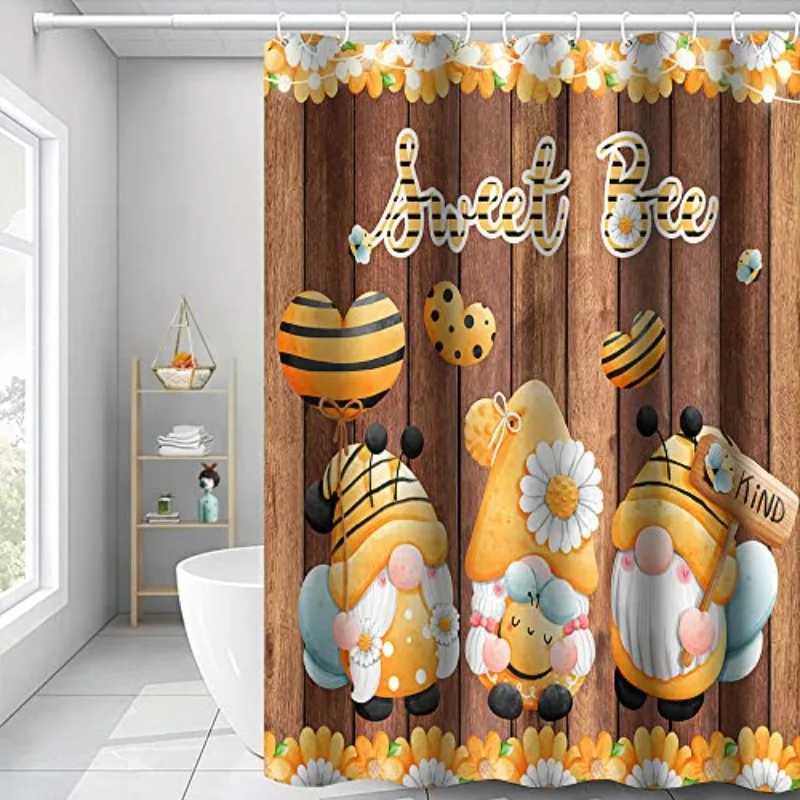 

fun bee yellow striped balloon farmhouse wood plank bathroom decor polyester shower curtain with hooks Enhance spatialaesthetics
