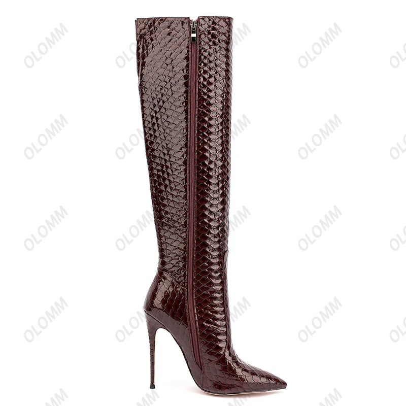 Olomm New Women Knee Boots Fish Scale Side Zipper Stiletto Heels Pointed Toe Yellow Green Party Shoes Ladies Plus US Size 5-15