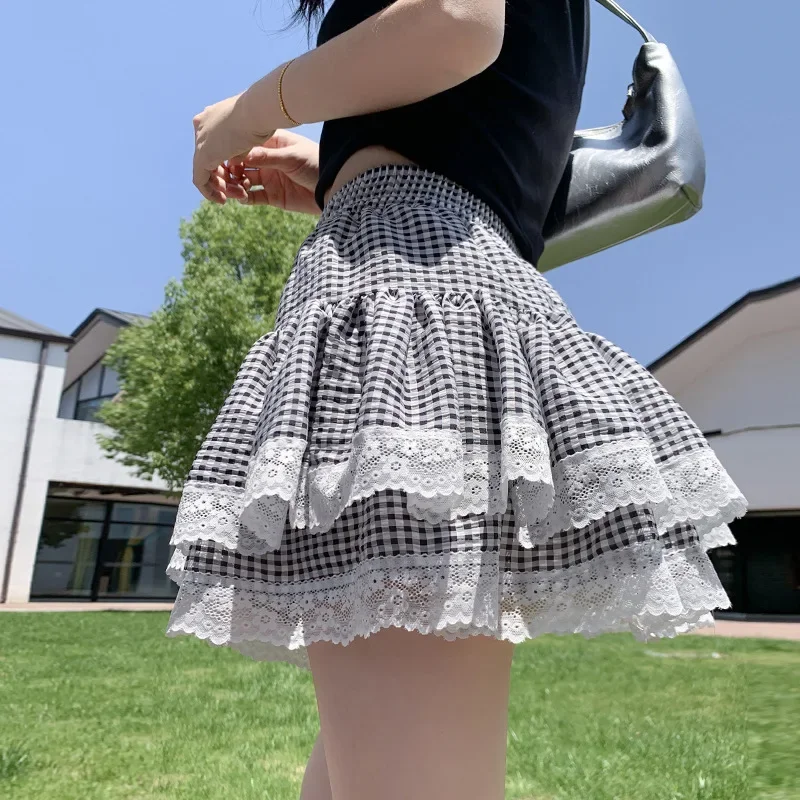2026 Summer New Sweet and Girlish Lace Patchwork Plaid Women's A-line Slimming and Fluffy Half Body Short Skirt