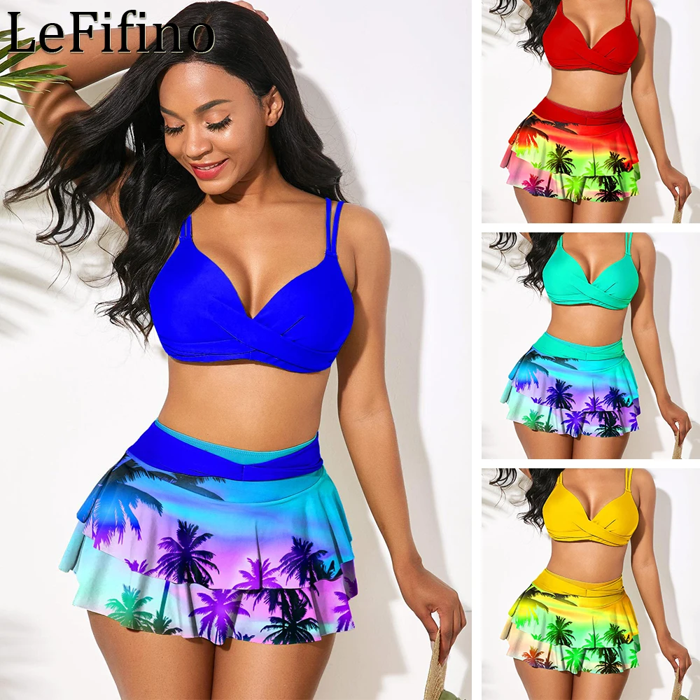 

Summer Fashion Tree Printing Ruffle Sexy High Waist Split Body Swimwear Suits Beach Wear Vacation Bikini Hot Spring Sets Women's