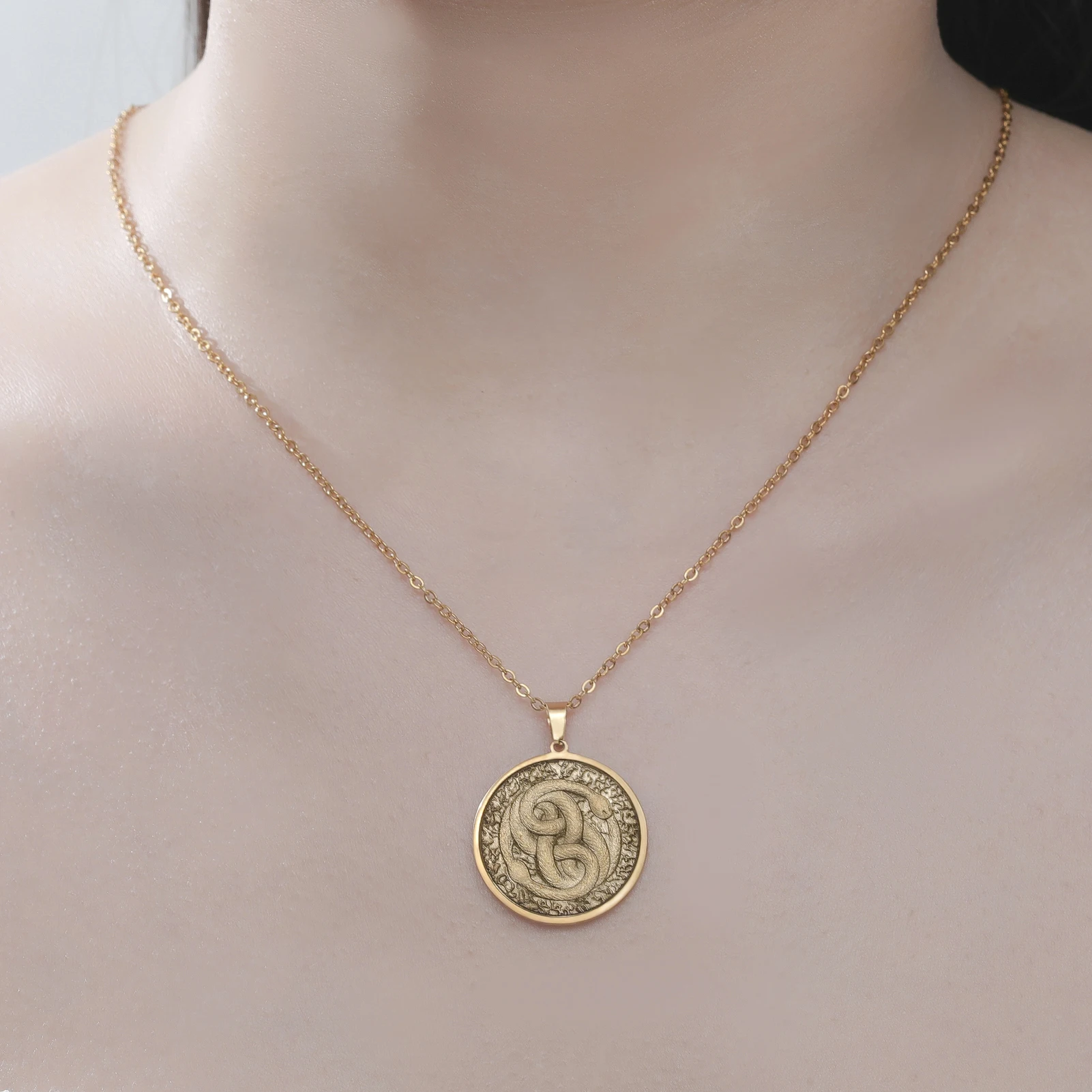 Vintage Intertwined Snake Coin Necklace Supernatural Amulet Chain For Woman Men Pendant Copper Antique Bronze Punk Angel Jewelry view 3