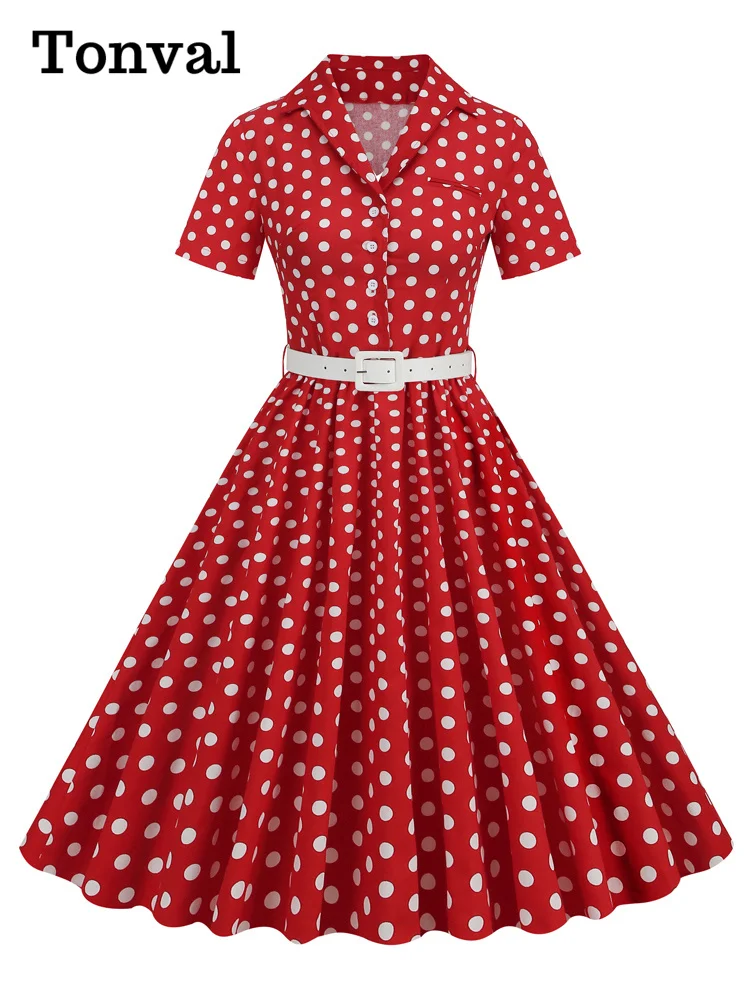 Tonval Polka Dot 50s Pinup Robe Button Up Pleated Vintage Style Dress Women Elegant Belted Ladies Rockabilly Long Dresses