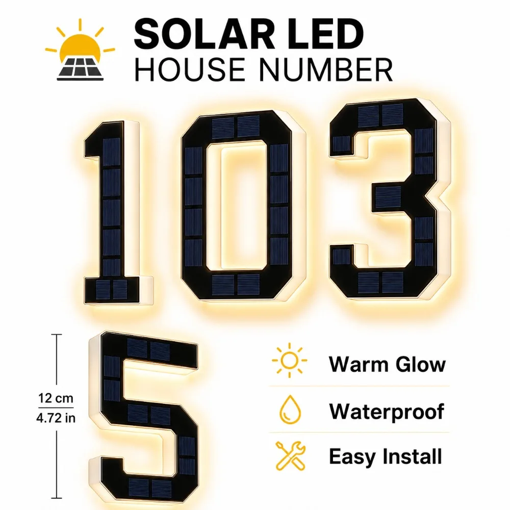 Waterproof LED Solar House Number Lamp Outdoor Address Sign Light Sensor Wall Decor for Home Entrance Door Yard Fence Decoration
