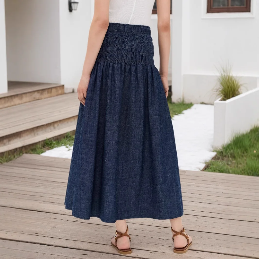 المرأة تقليد الدنيم ماكسي تنورة عالية الخصر Shirred Lmitation الدنيم ألف خط التنانير الطويلة عادية الصيف الربيع جان قيعان