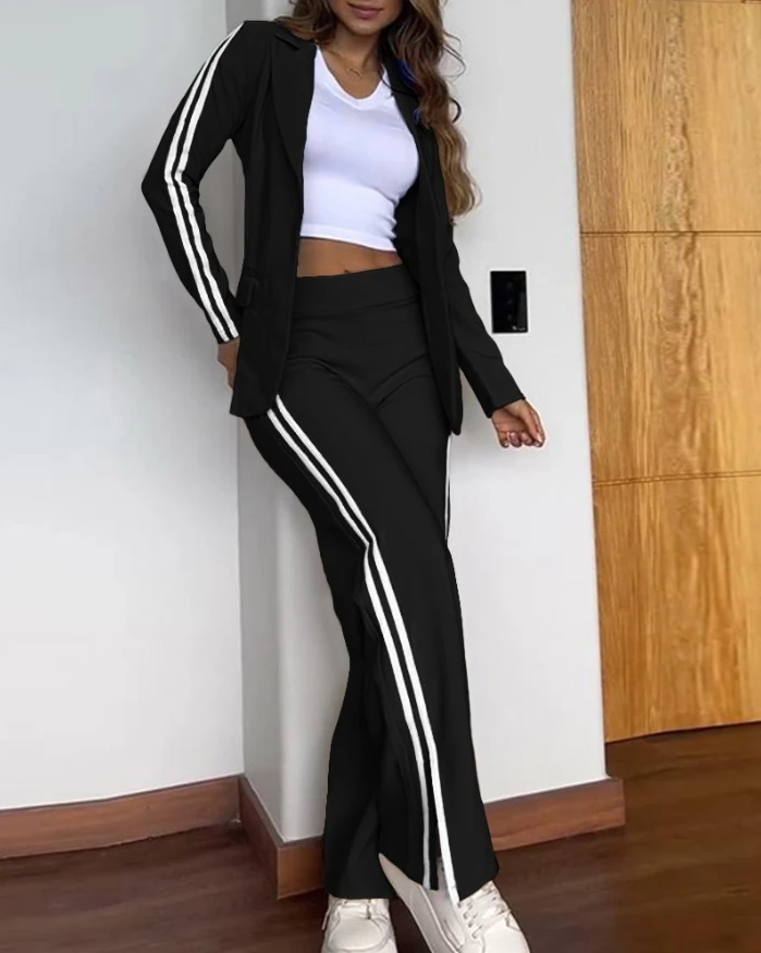 Women's two-piece striped printed stand up collar long sleeved jacket with slit straight leg pants and work pants set