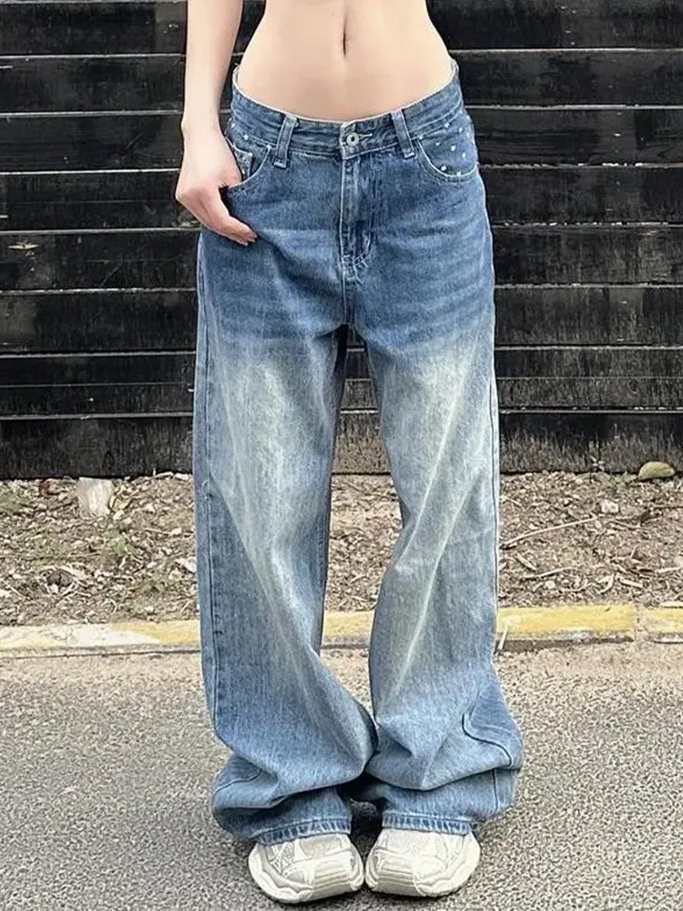 

Retro American Loose Lazy Jeans Women Summer Spicy Design Star Print Floor-Length Pants Natural Waist Vintage Style Pure Color