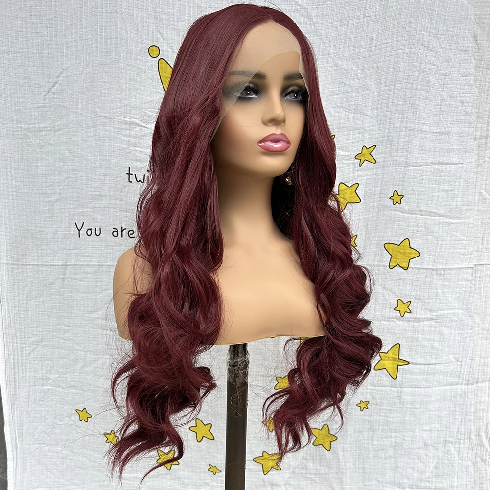 AIMEYA Burgundy Wig Synthetic Lace Wigs For Women Long Body Wave Pre Plucked Hairline Wig With Baby Hair Cosplay Party Wigs