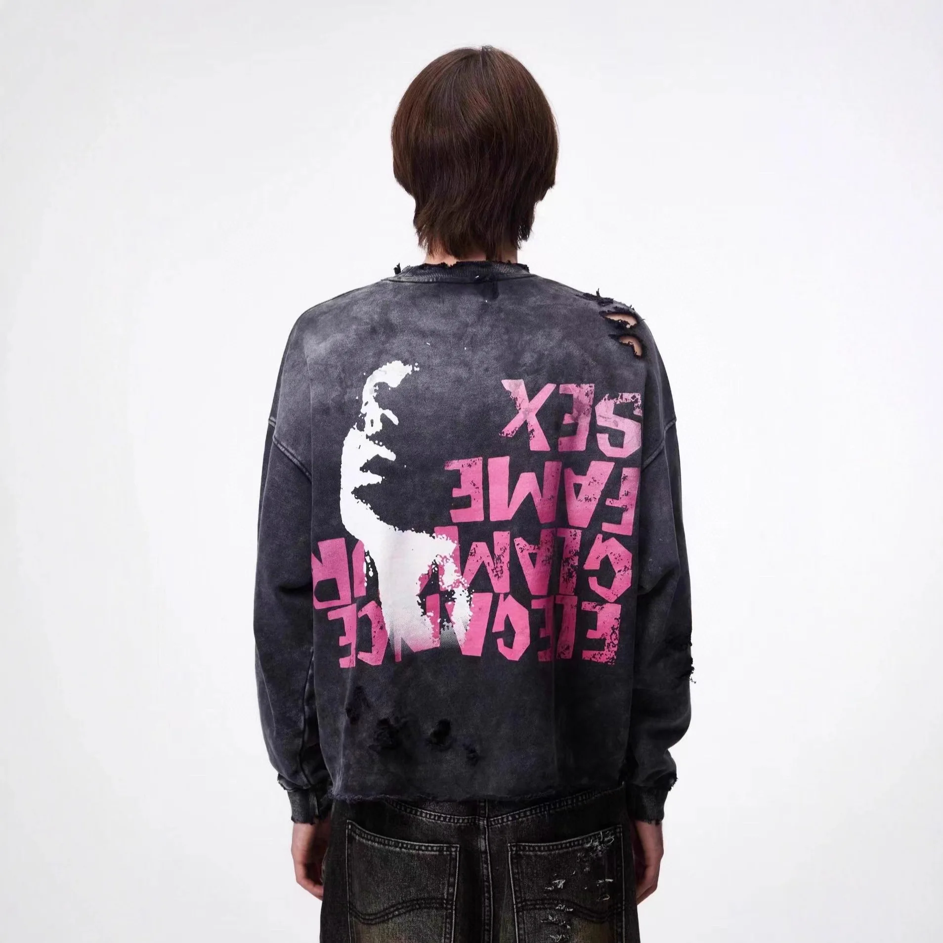 SSSAINT LOUIS 26SS Black Inverted Tagged Vintage Hoodie American Streetwear Logo Abstract Spray Paint Trend