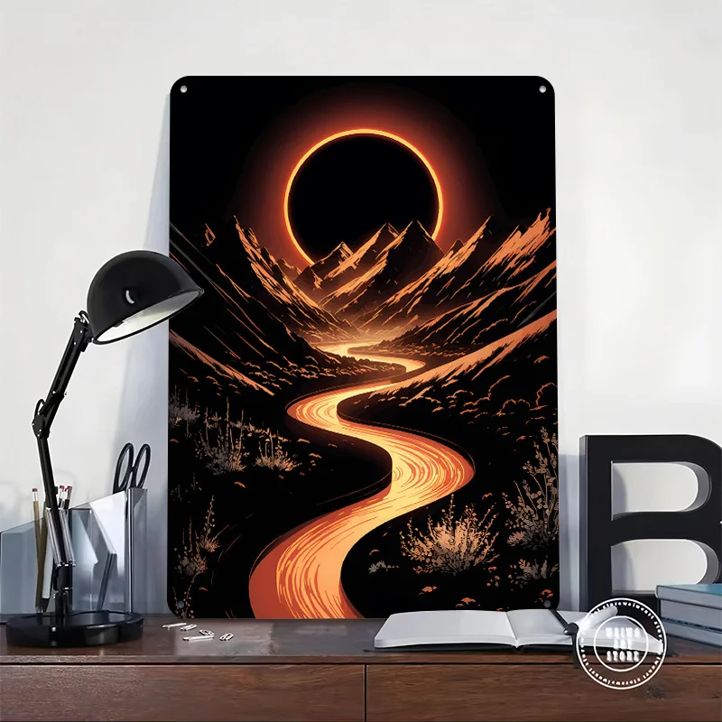 Orange River Through Mountains With Eclipse Poster Retro 3D Printed Metal Signs Customized Wall Hanging Gift for Decor Luxury