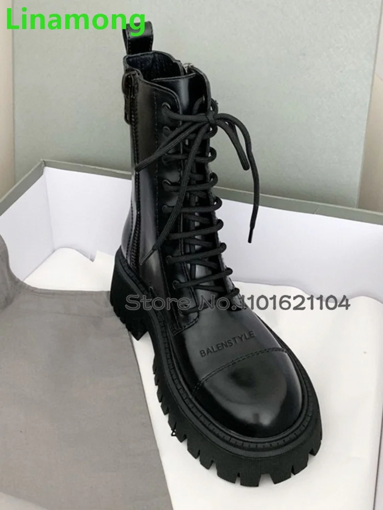 Black Thick Sole Lace-up Luxury Boots For Female Women 2024 Autumn New Round Toe Ankle High Solid Casual Fashion Cool Shoes