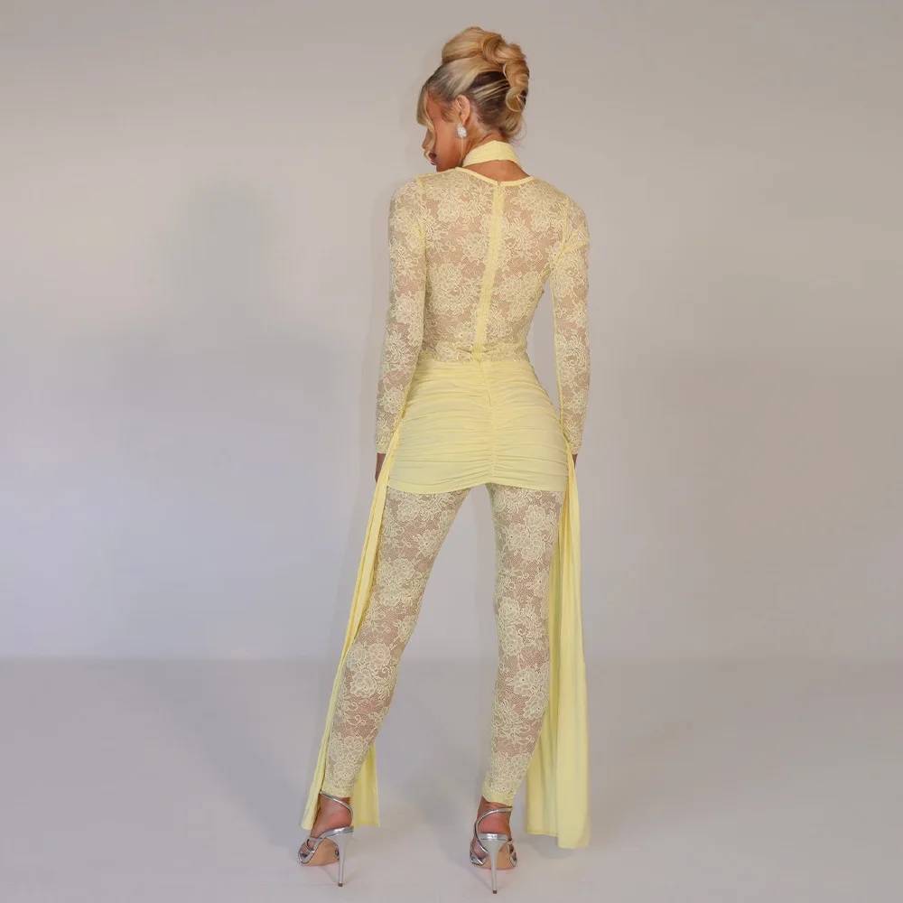 Yellow Lace Women Jumpsuit Halter Evening Dress Sexy Sheer Full Sleeves Pant Robe Formal Casual Beach Holiday Party Prom Gown