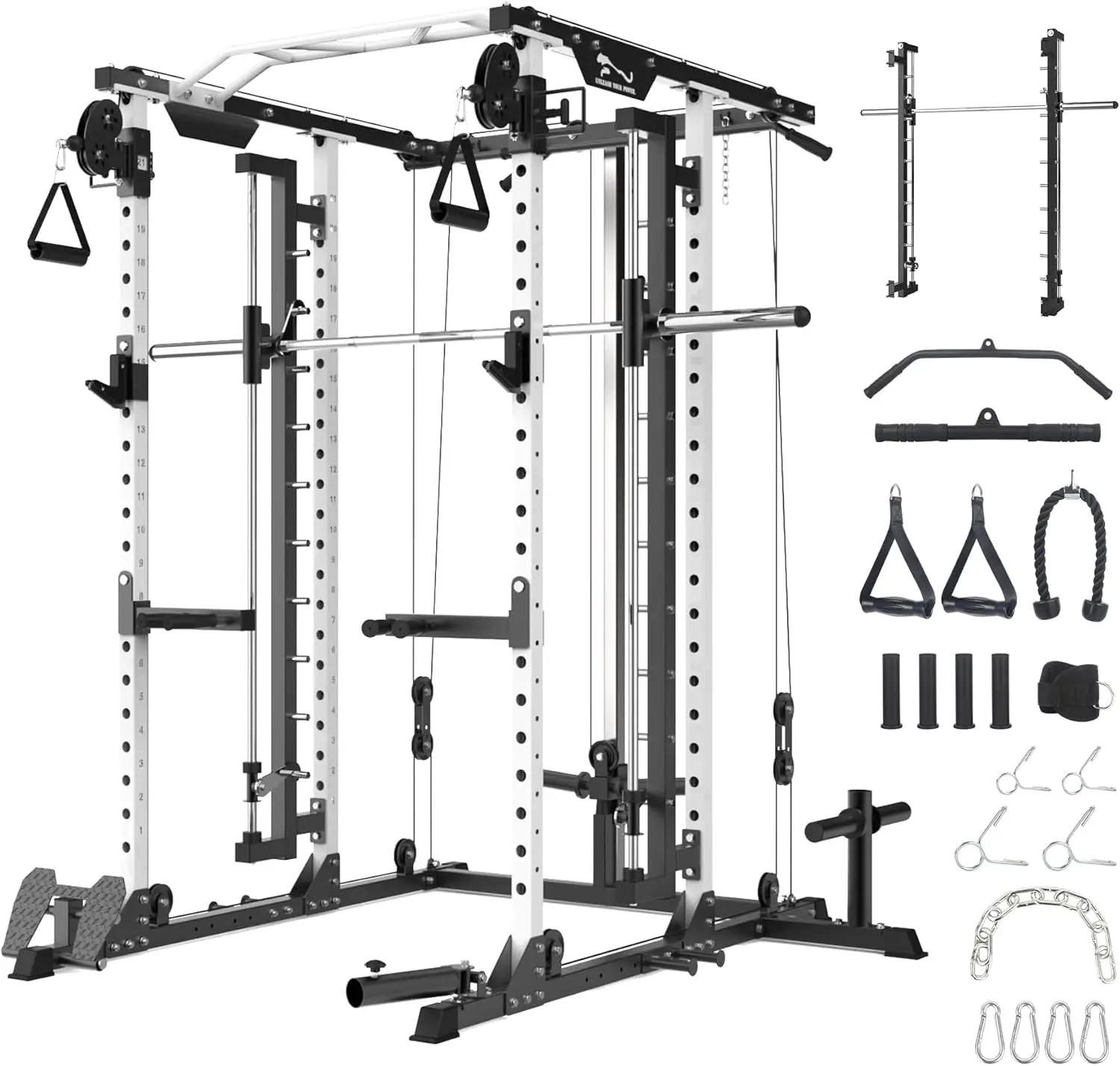 with SmithBar, 2000 Lbs Power Rack with Cable Cross-Over System, Multi-Functional Strength Training Squat Rack with LAT Pull Dow