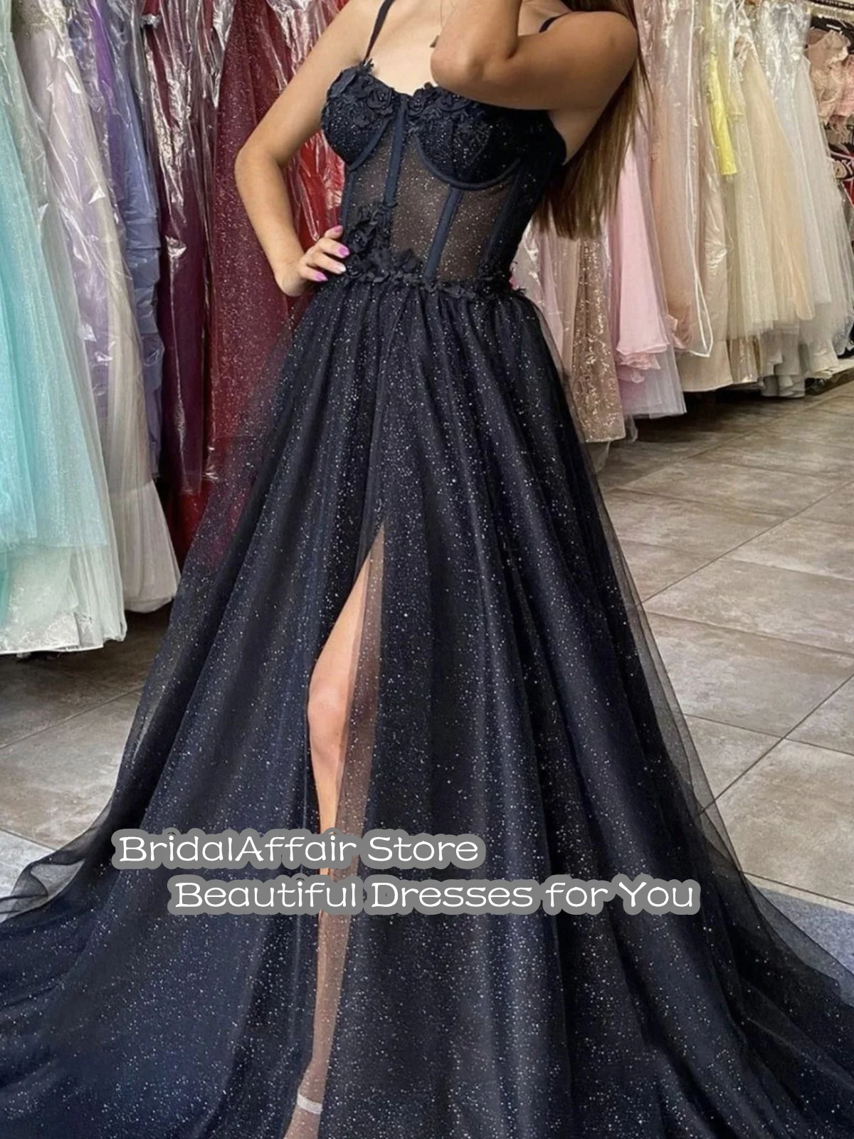 BridalAffair Black Glitter A Line Tulle Prom Dresses Spaghetti Straps Sweetheart Bones Side Slit 3D Flowers Long Evening Gowns