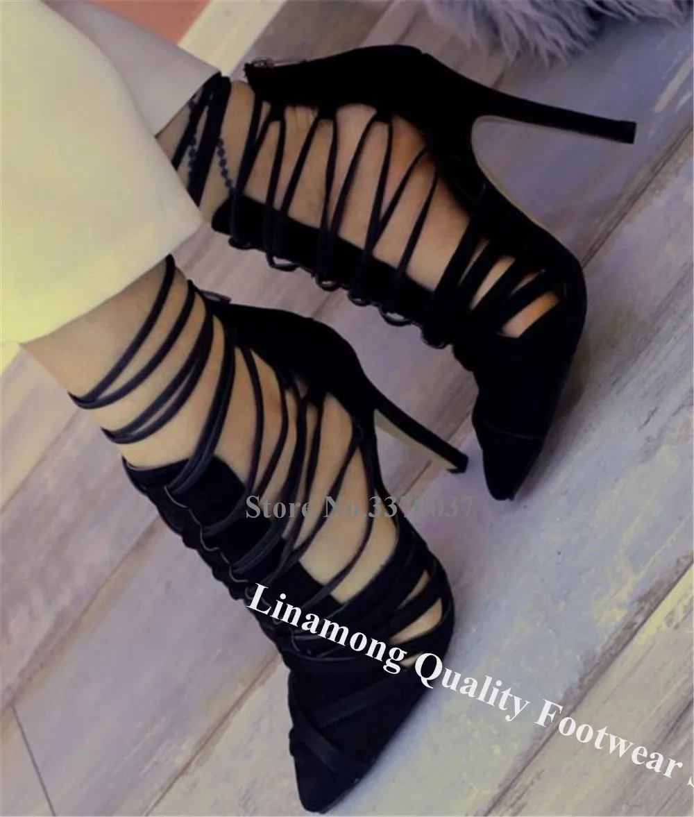 Linamong Narrow Straps Cross Stiletto Heel Pumps Pointed Toe Black Red White Lace-up Thin Heel Dress Shoes Party High Heels