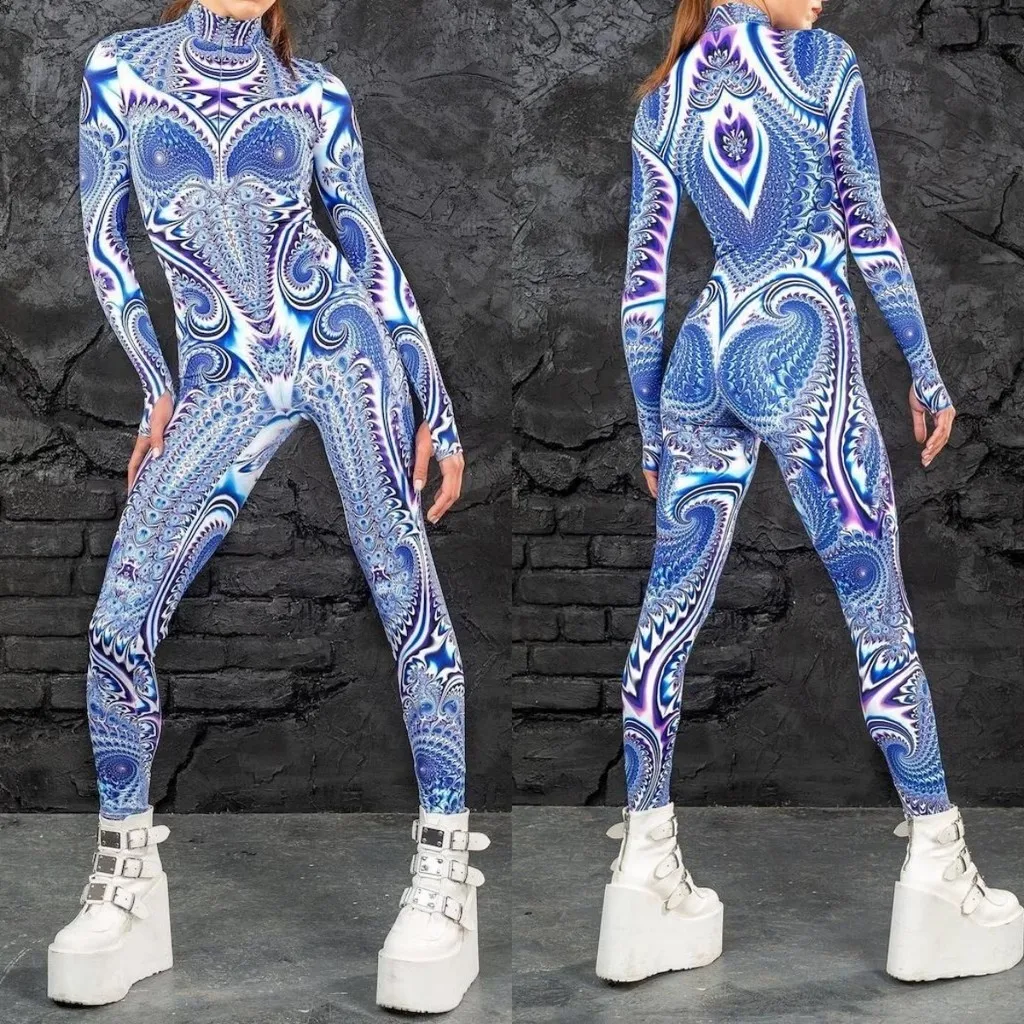 Unisex Cyber Punk 3D Digital Printing Halloween Party Role Play Outfit Women Men Cosplay Costume Carnival Jumpsuit