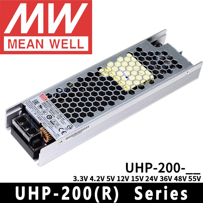 Mean Well UHP-200/200R-3.3/4.2/5/12/15/24/36/48/55 LED Power meanwell Fanless design 200W Slim Type PFC Switching Power Supply