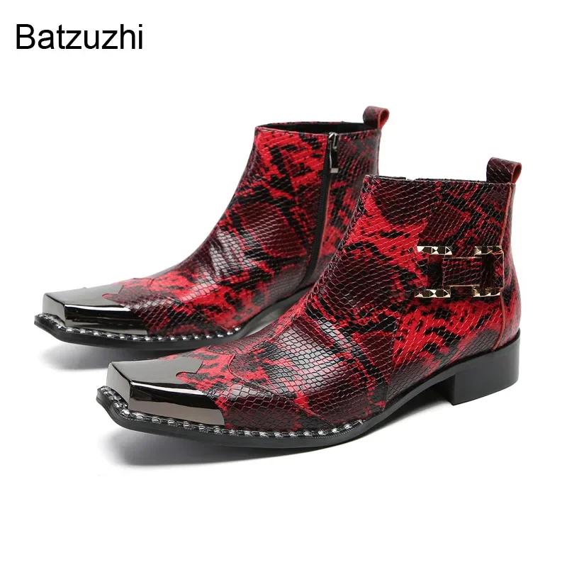 

Batzuzhi Handmade Men's Boots Shoes Formal Wine Red Ankle Leather Boots Men Square Toe Zip Fashion Party and Wedding Boots Male