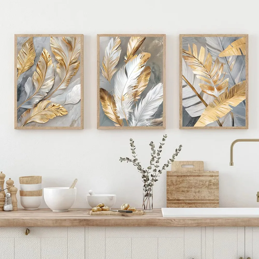 1 Stück/3 Stück goldene Federblätter abstrakte Leinwanddrucke Poster moderne klassische ästhetische Kunstdrucke Wandkunst Home Decor Kunstposter