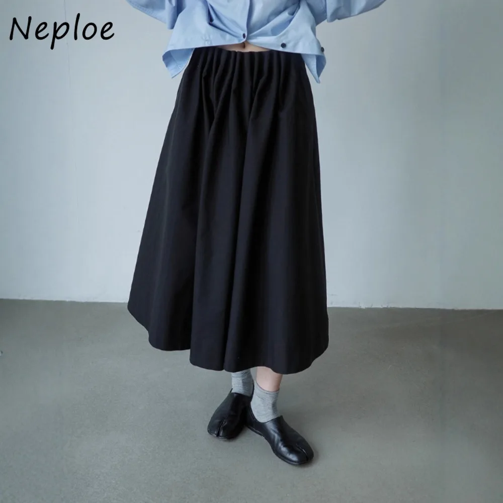 

Neploe Casual Slim Mid-length Soft Faldas New Moda Trendy All-match Elegant Mujer Falda Japan High Waist Big Swing Solid Skirt