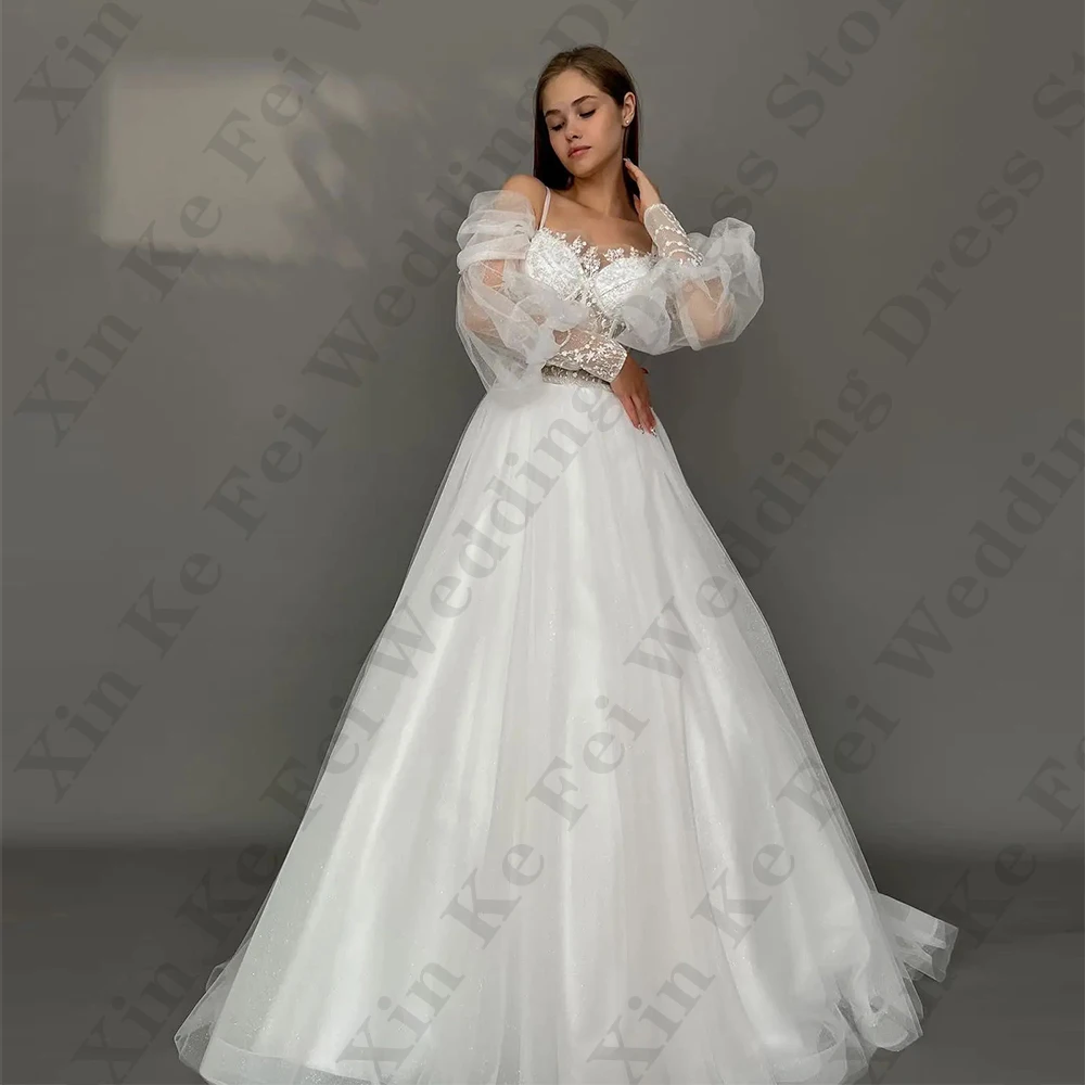 Beautiful Satin Elegant Wedding Dresses New Luxury Off Shoulder Long Sleeves Bride Gowns Fluffy Princess Style Custom Made 2024