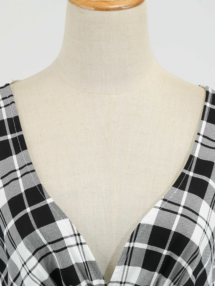Tonval Plaid High Waist Tartan Vintage Half Sleeve Spring Dress Women V-Neck Elegant Party Rockabilly Cotton Midi Dresses