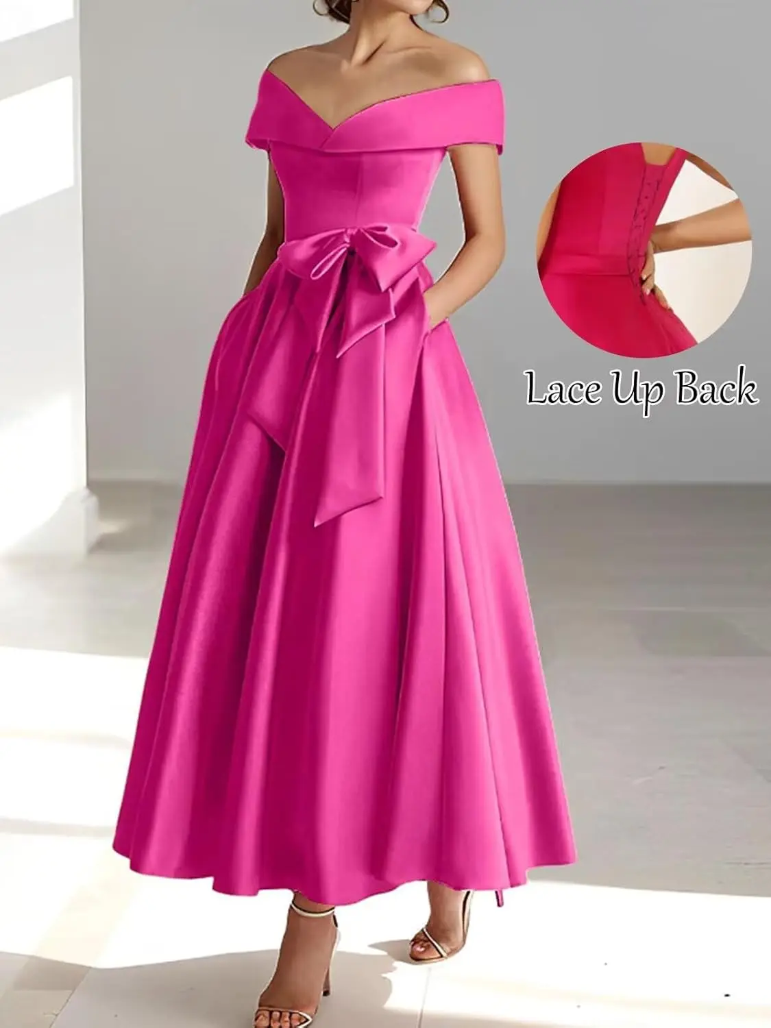 Vestidos femininos de cetim para mãe da noiva, ombro de fora, para casamento, com laço, comprimento de chá, vestido de noite formal