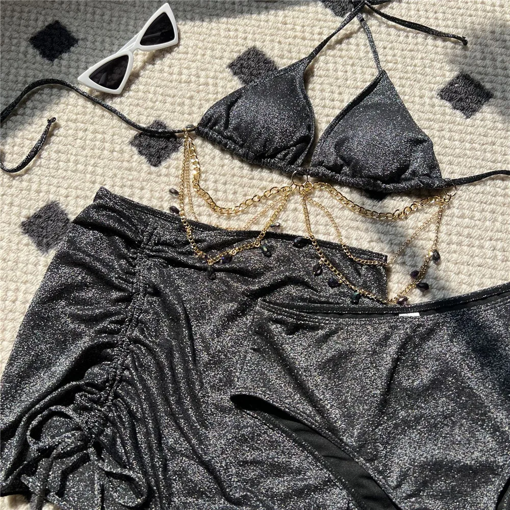 Błyszczące niebieskie sznurki Halter trójkąt 3-częściowy zestaw bikini z wysokim stanem stroje kąpielowe spódnica Cover Up Rhinestone Chaining strój