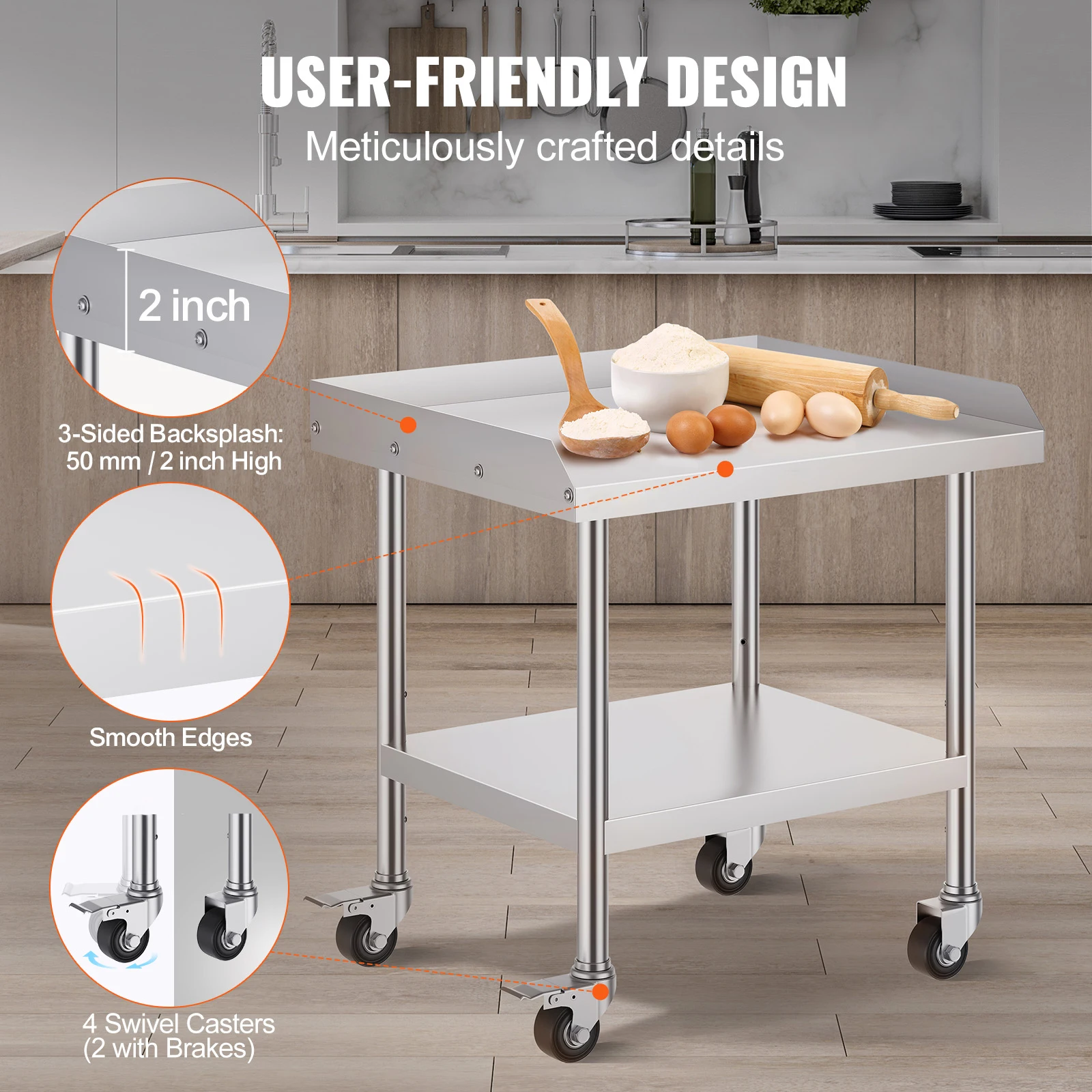 SucceBuy Stainless Steel Work Table Commercial Food Prep Worktable with 4 Wheels Casters 3-Sided Backsplash Metal Work Table