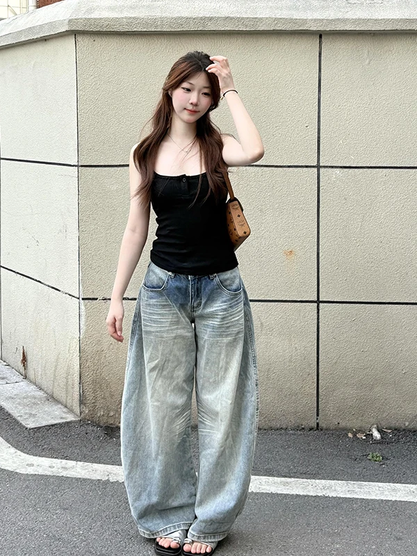 

Широкие джинсы с высокой талией в американском стиле ретро, женские осенние 2024, новые свободные брюки прямого кроя, мода для девочек