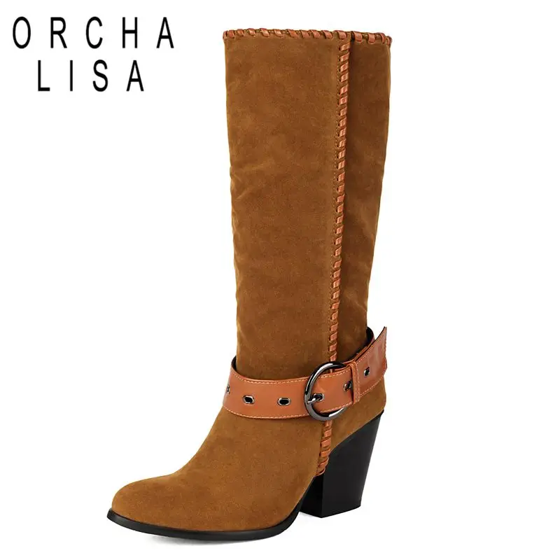 

ORCHA LISA Flock Suede Women Mid Calf Boots Round Toe Block Heels 8cm Slip On Belt Buckles Big Size 41 42 43 Leisure Daily Bota