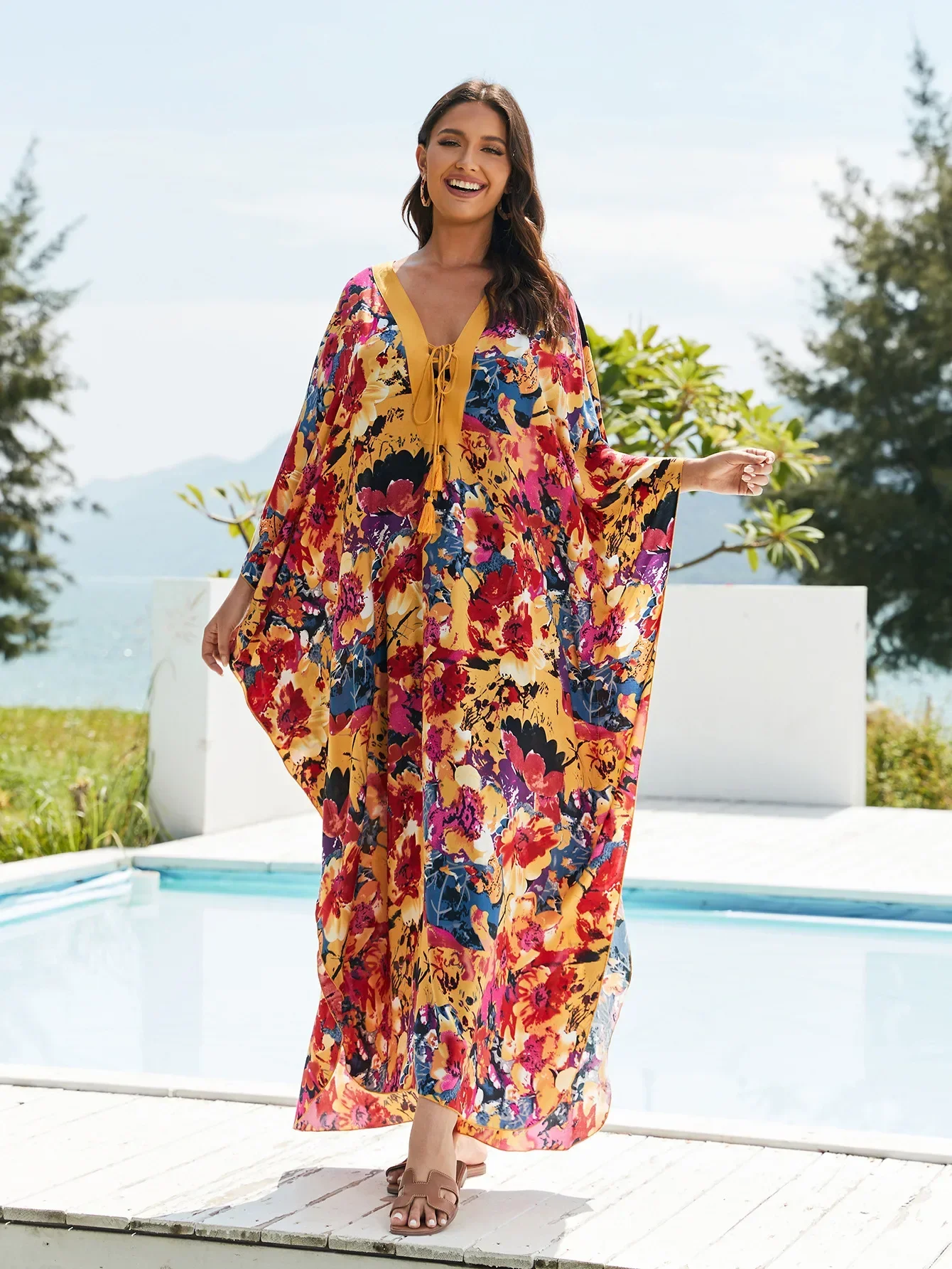 Beach Dresses Floral Printed Maxi Robe V Neck Tie Up Cover Ups for Swimwear Women Holiday Bathing Suits Factory Supply