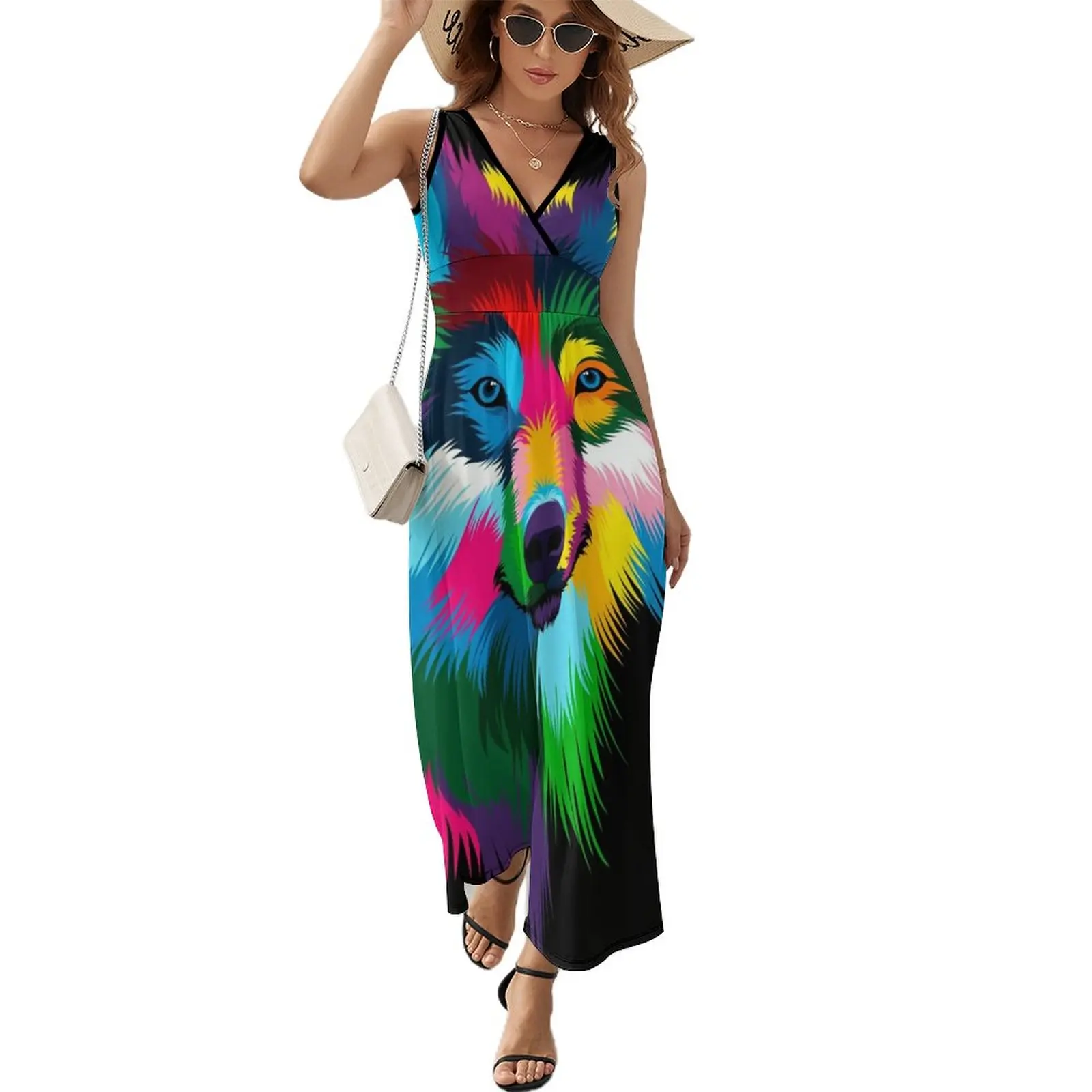 

Wolf Head portrait Multicolored Drawing Sleeveless Dress women long dresses elegant party dress for women 2023