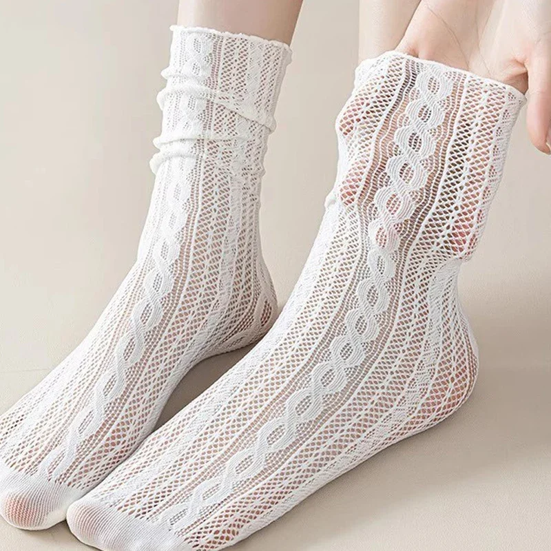 3pairs Kawaii Girls Cute Socks Spring Summer Mesh Hollow Out Women Socks Solid Color Female Harajuku Retro Vintage Long Socks