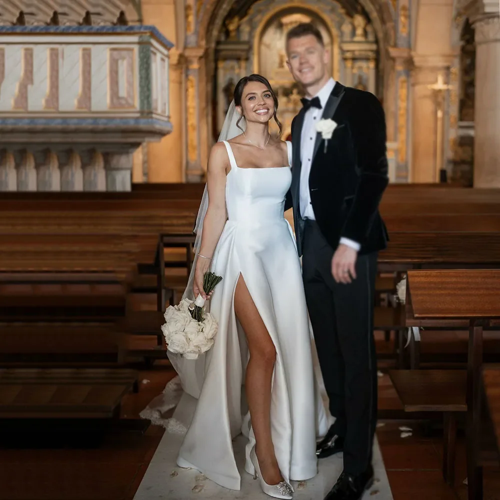 Flavinke personalizado elegante split vestidos de casamento para noivas sem costas vestido de festa de casamento cetim cintas de espaguete vestido de noiva