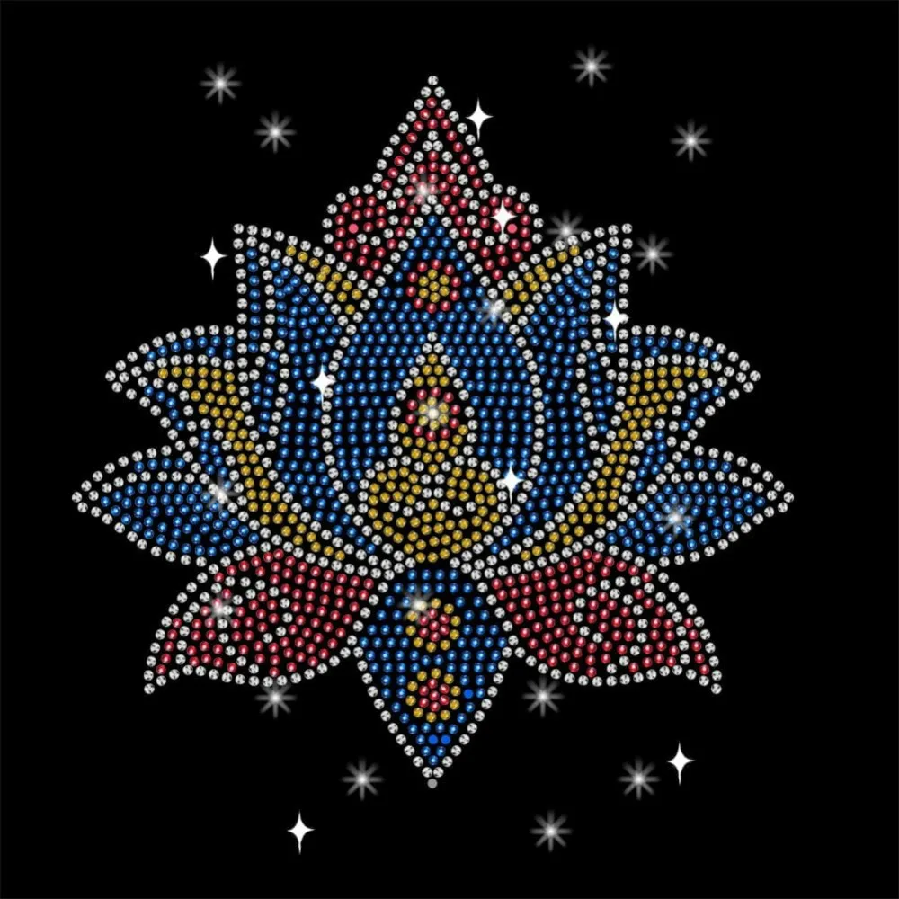 กรกฎาคม Lotus เหล็กบน Rhinestones Transfer 11.69x8.27 นิ้วดอกไม้ความร้อน Transfer Decal Bling คริสตัล Decals ความร้อน Transfer Patch