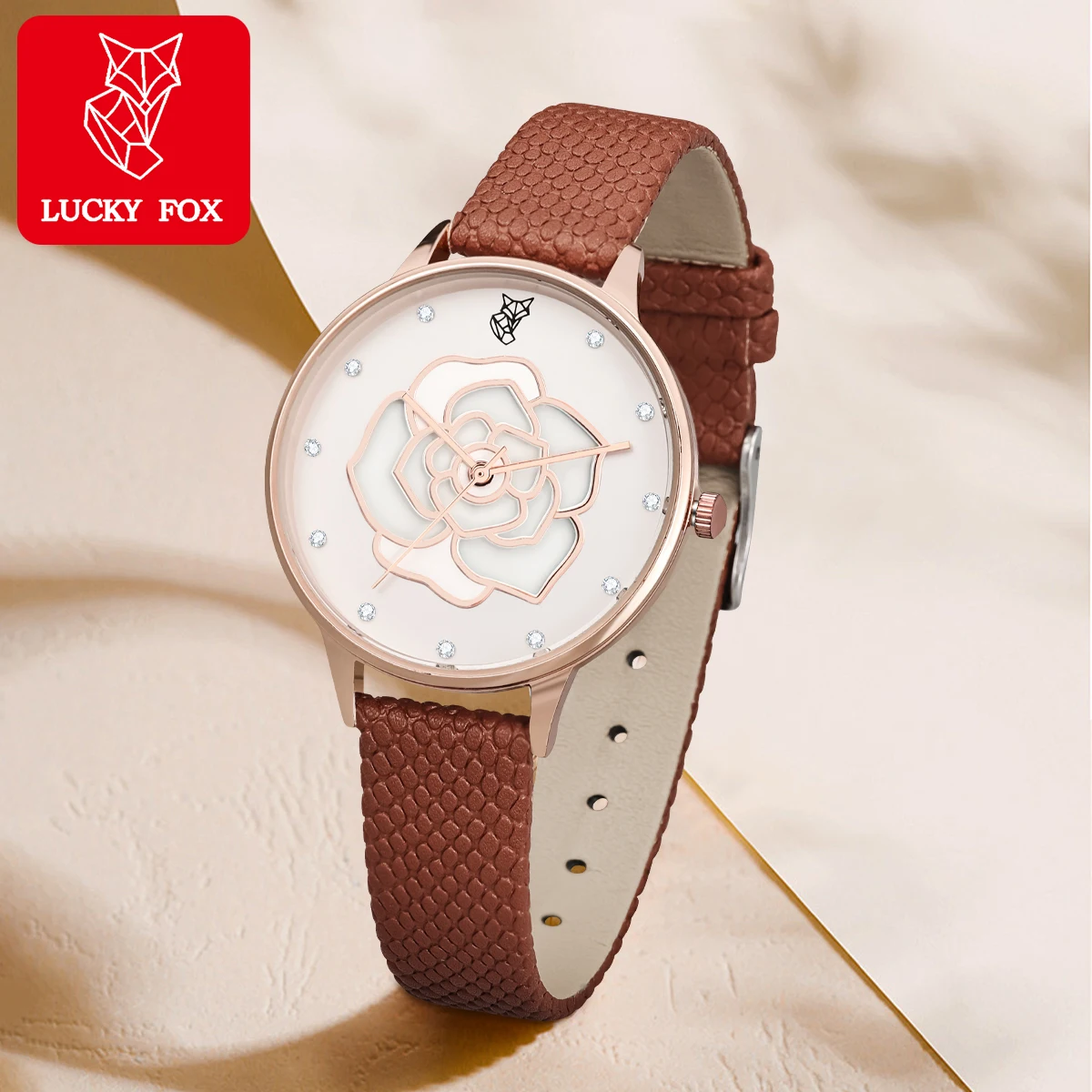 New LUCKYFOX Minimalist and Fashionable Women\'s Watch with Hollowed Out Rose Brown Strap Quartz Wristwatch Clock Gift Relojes