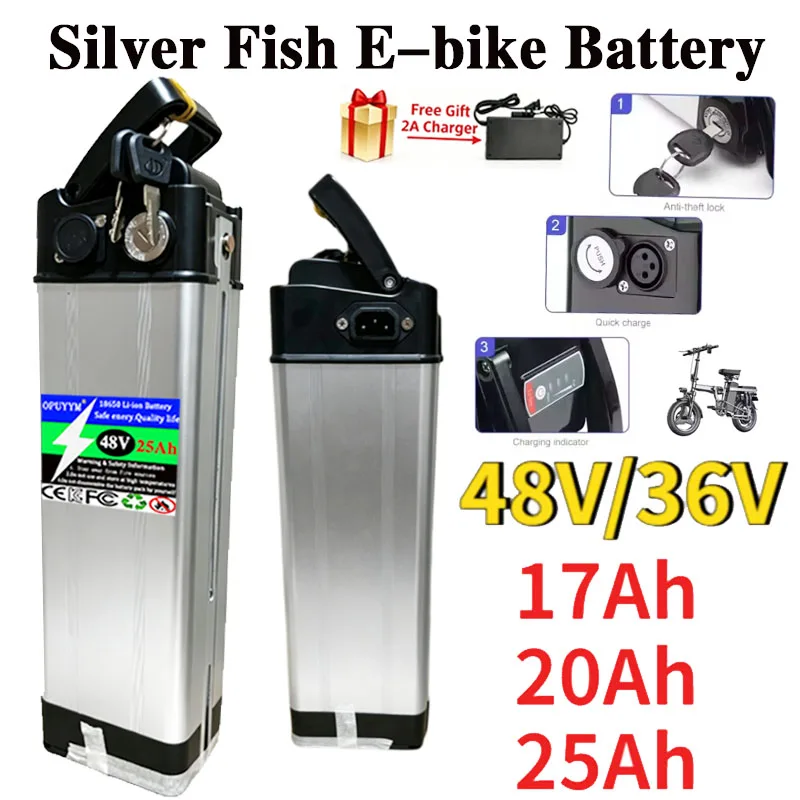 

36V 48V Silver Fish Electric Bike Battery 17AH 20Ah 25Ah Full Capacity 18650 Power Lithium Battery for 200W-1000W Motor+charger