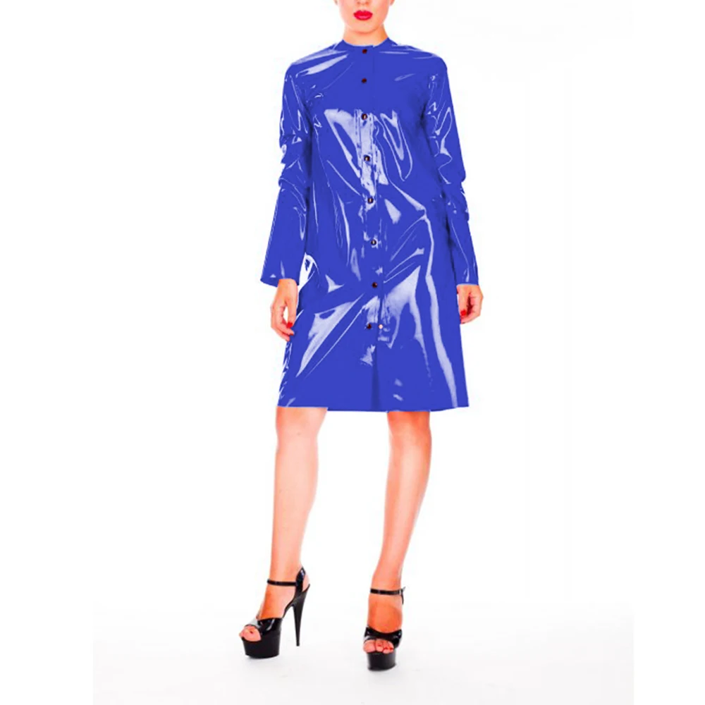 Women's Glossy PVC Leather Crew Neck Button-Up Dress, Latex Look, Long Sleeve, Knee-Length, Female Casual Dresses,Streetwear