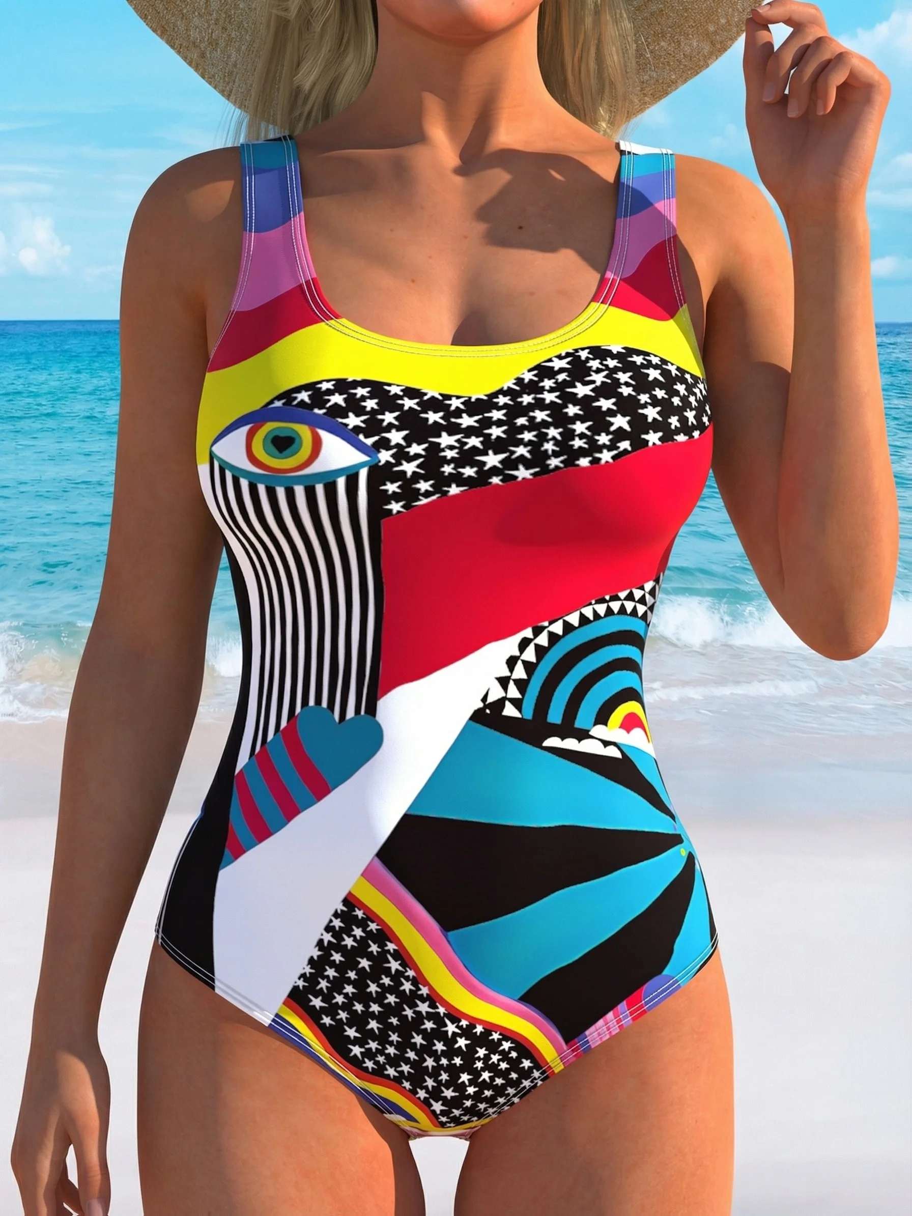 

Summer New Women'S Holiday Casual Fashion Art Geometric Color Block Print Temperament Waist Competitive One-Piece Swimsuit